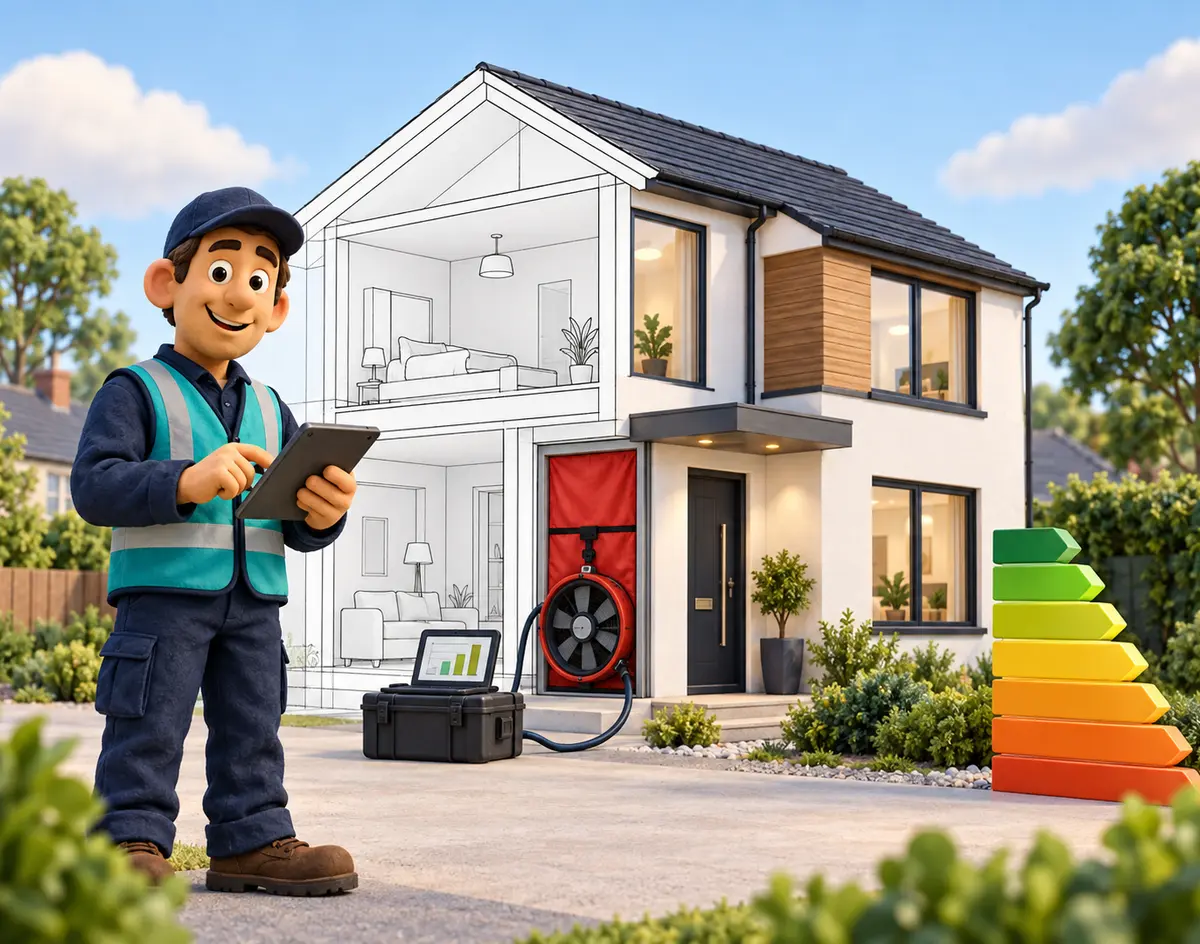 Building compliance assessor reviewing a modern home, air-testing equipment and energy performance