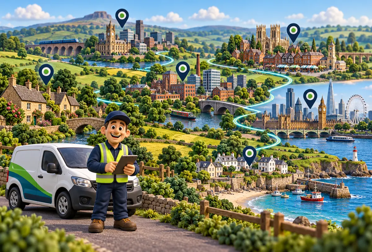 Illustrated building compliance coverage across northern, central, eastern and southern England