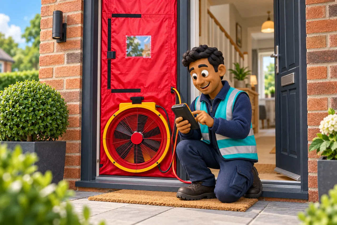 Cartoon building assessor carrying out an air tightness test with a blower door