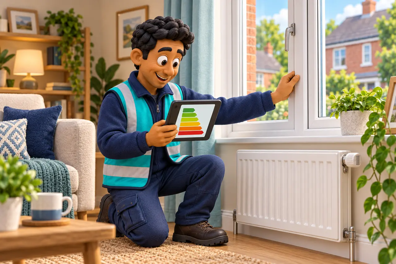 Cartoon domestic energy assessor inspecting a window and recording an EPC survey