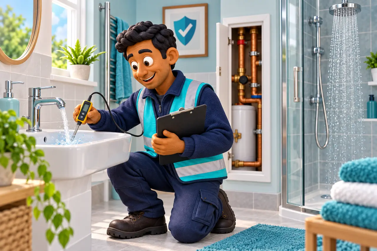 Cartoon assessor checking water temperature during a Legionella risk assessment
