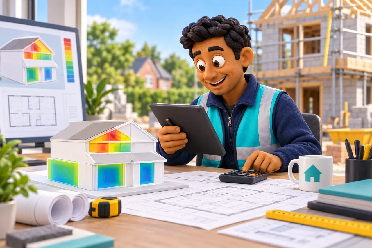Cartoon energy consultant completing SAP calculations beside plans and a house model