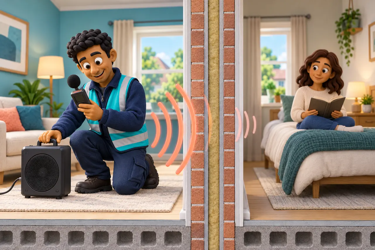 Cartoon assessor conducting sound insulation testing across a separating wall