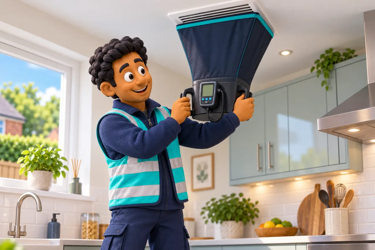 Cartoon building assessor measuring airflow from a kitchen extract vent